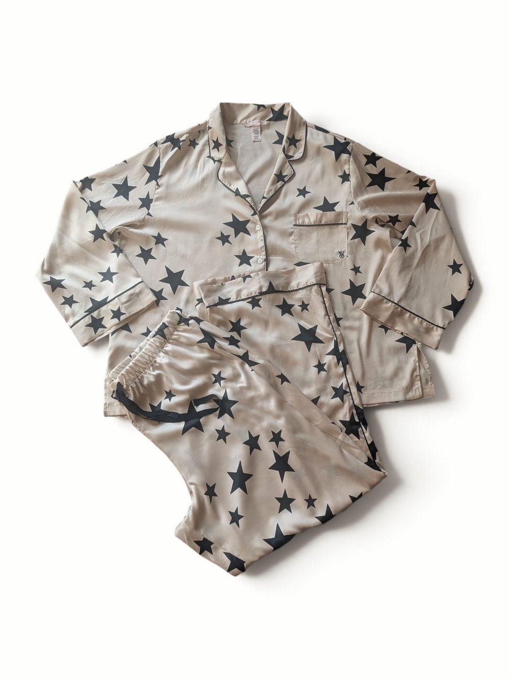 Victoria’s Secret Beige Black Star Satin Pajama Set XL